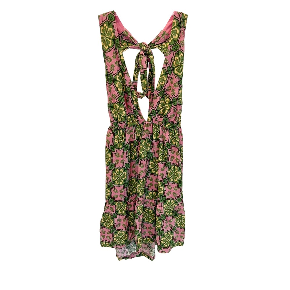 House‎ of Harlow 1960 Pink Green Floral Linen Blend Tie Back Mini Dress MEDIUM